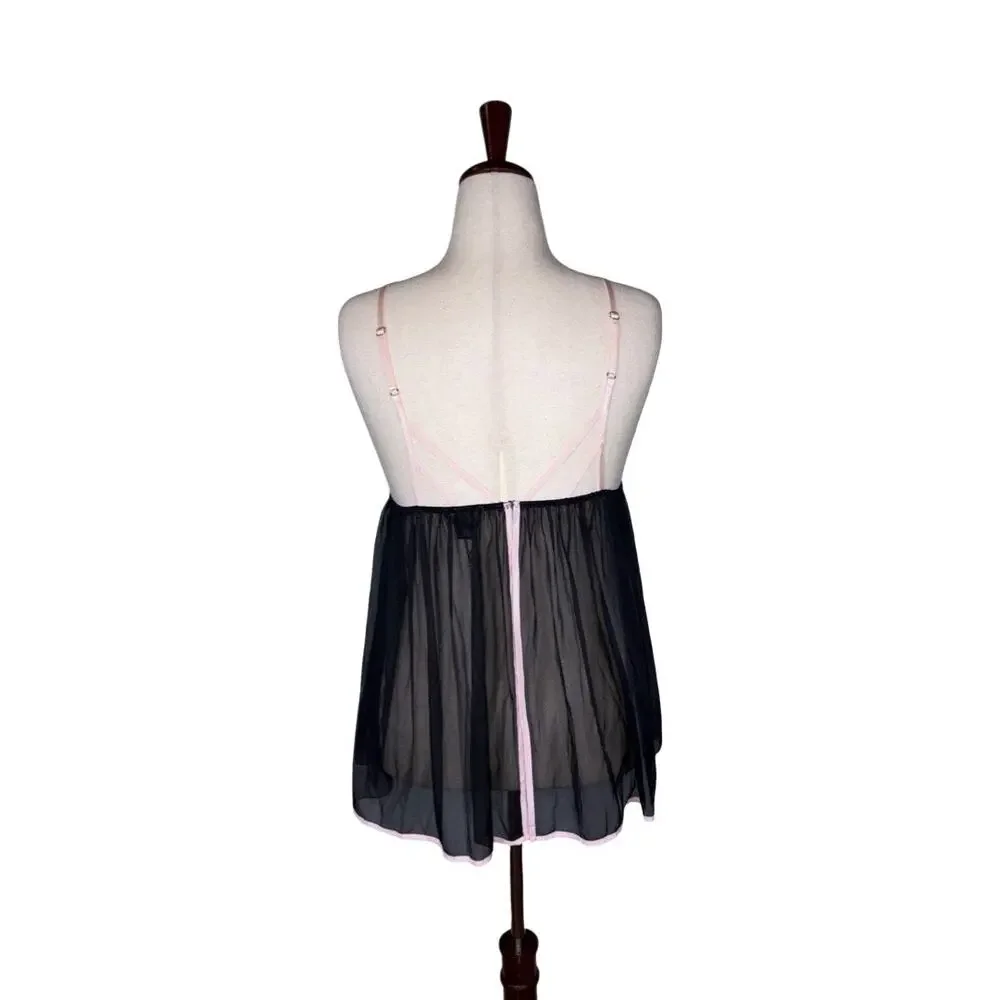 VTG Victoria's Secret Black Lace Sheer Split Back Babydoll Lingerie Top  Size: L